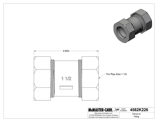 Technical drawing of Clamp-on Fitting, Medium-Pressure, Black Iron, for 1.9" Pipe OD.